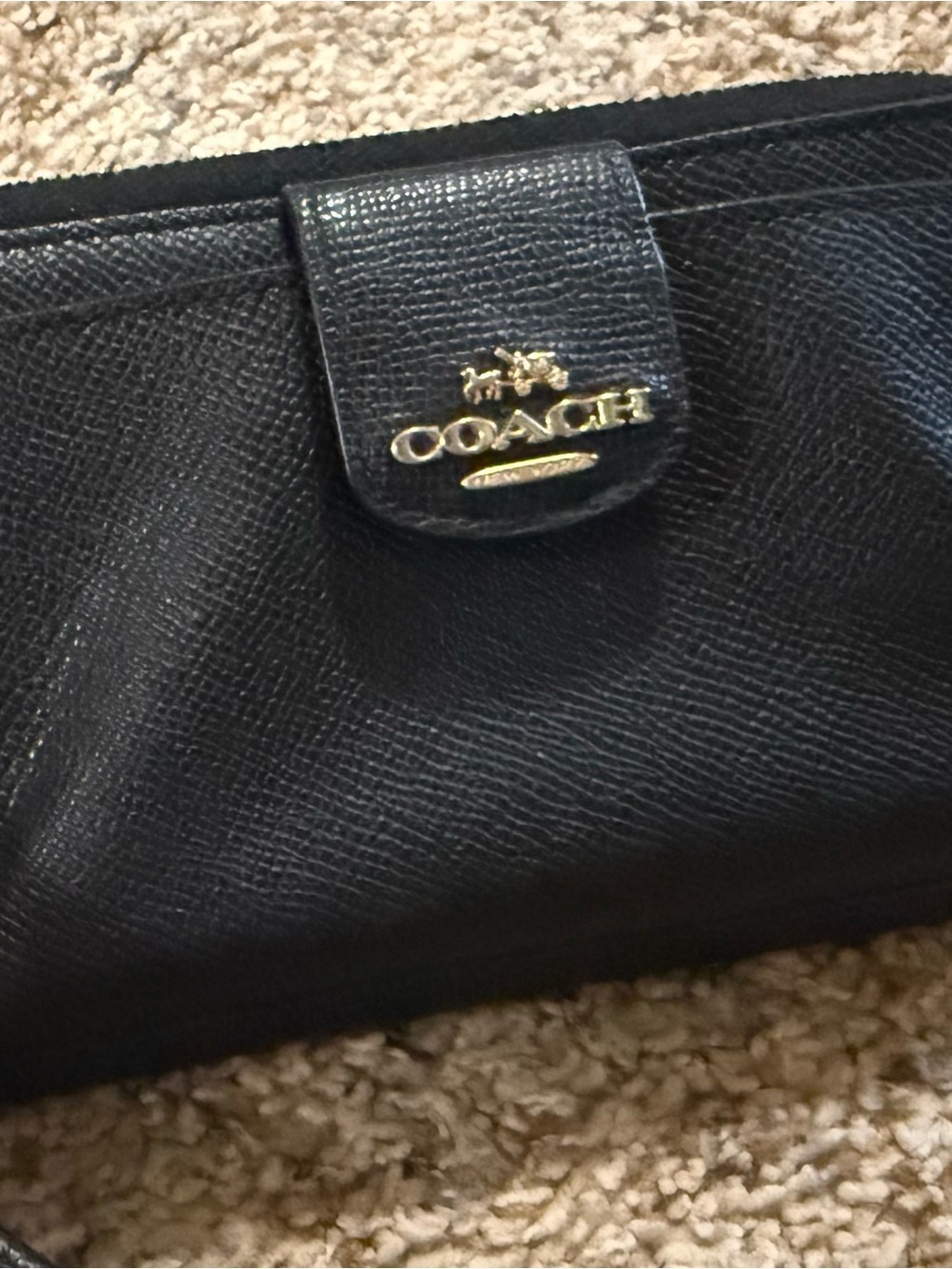 COACH Black Leather Wristlet Wallet with Gold Logo Accent